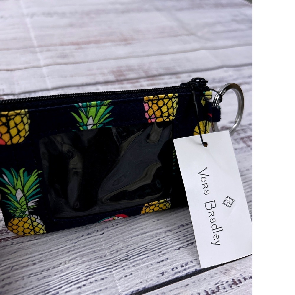 Vera Bradley Toucan Party Zip ID Case Pineapple‎ Navy Blue Keychain Wallet NWT